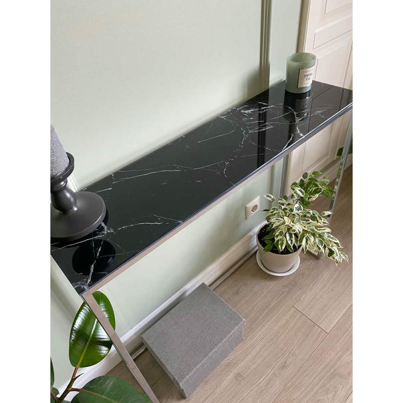 Журнальный столик стекло под мрамор черный/каркас хром