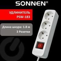 Удлинитель сетевой SONNEN PSW-183, 3 розетки c заземлением, выключатель 10 А, 1,8 м, белый, 513659