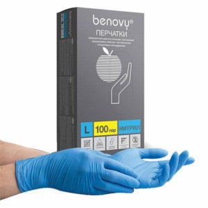 Перчатки нитриловые смотровые 100 пар (200 шт.), размер L, голубые, BENOVY Nitrile Chlorinated, ЧЗ, М