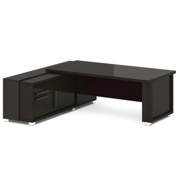 Стол руководителя с греденцией, глянцевая столешница L-217 пр/л Graceцвет Дуб Линдберг темный и Мокко