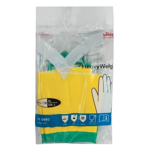 Перчатки МНОГОРАЗОВЫЕ латексные VILEDA, х/б напыление, СВЕРХПРОЧНЫЕ (неопрен), размер XL (очень большой), зелено-желтый, вес 130 г, 174309