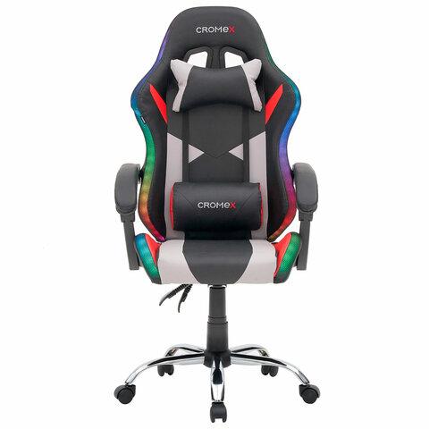 Кресло компьютерное CROMEX "Quantum GM-155 RGB", подсветка, две подушки, экокожа, черное/красное/серое, 532955