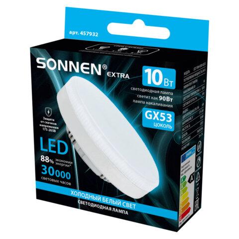 Лампа светодиодная SONNEN EXTRA, 10 (90) Вт, GX53, таблетка, холодный белый, 30000 ч, LED 10W-6500-GX53, 457932