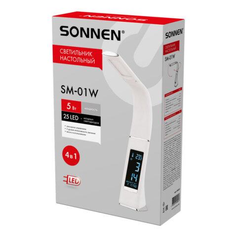 Настольная лампа / светильник SONNEN SM-01W на подставке, LCD-экран, СВЕТОДИОДНАЯ, 5 Вт, белый, 238233