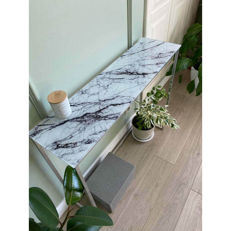 Журнальный столик стекло под мрамор белый/каркас хром