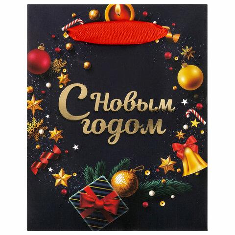 Пакет подарочный новогодний 11,4x6,4x14,6 см ЗОЛОТАЯ СКАЗКА "New Year" фольга, чёрный/красный, 608228