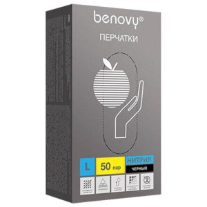 Перчатки нитриловые смотровые 50 пар (100шт) размер L черные BENOVY Nitrile Chlorinated,ЧЗ,М, шк2247