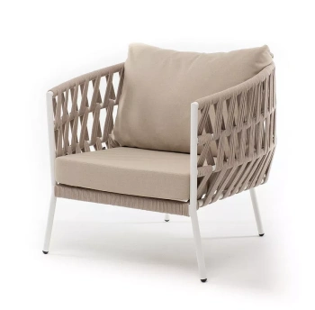 "Диего" кресло плетеное из роупа, каркас алюминий светло-серый (RAL7035) шагрень, роуп бежевый круглый, ткань бежевая 052цвет Бежевый