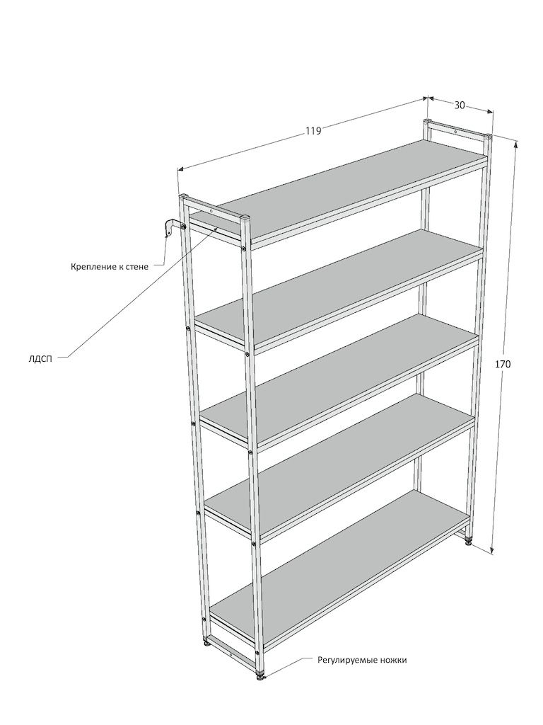 Стеллаж лофт ПД-1712Ч с полками ЛДСП цвета дуб