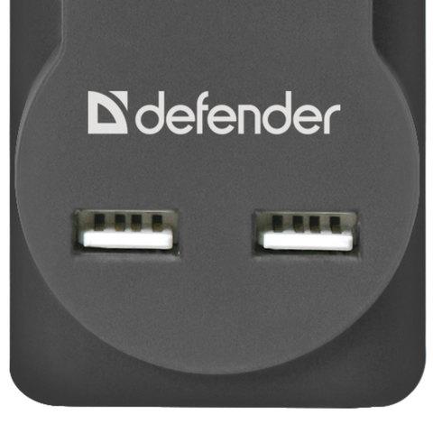 Сетевой фильтр DEFENDER DFS 753, 5 розеток, 2 разъема USB, 3 м, черный, 99753