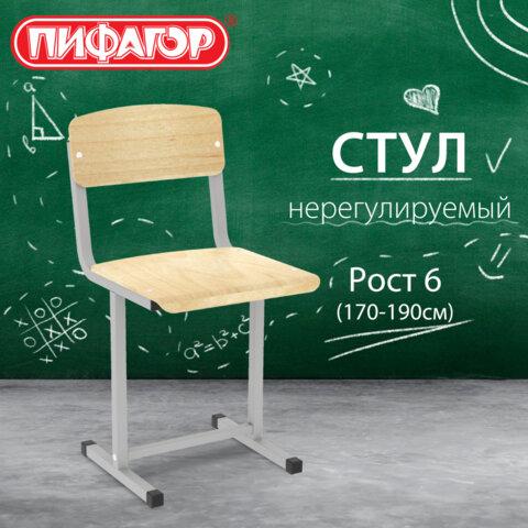 Стул ученический нерегулируемый ПИФАГОР SC-1, 380х380х790 мм, рост 6 (170-190 см), серый каркас, фанера, 533348