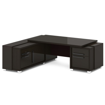 Стол руководителя с тумбой и греденцией, глянцевая столешница L-218 пр/л Graceцвет Дуб Линдберг Темный и Мокачино