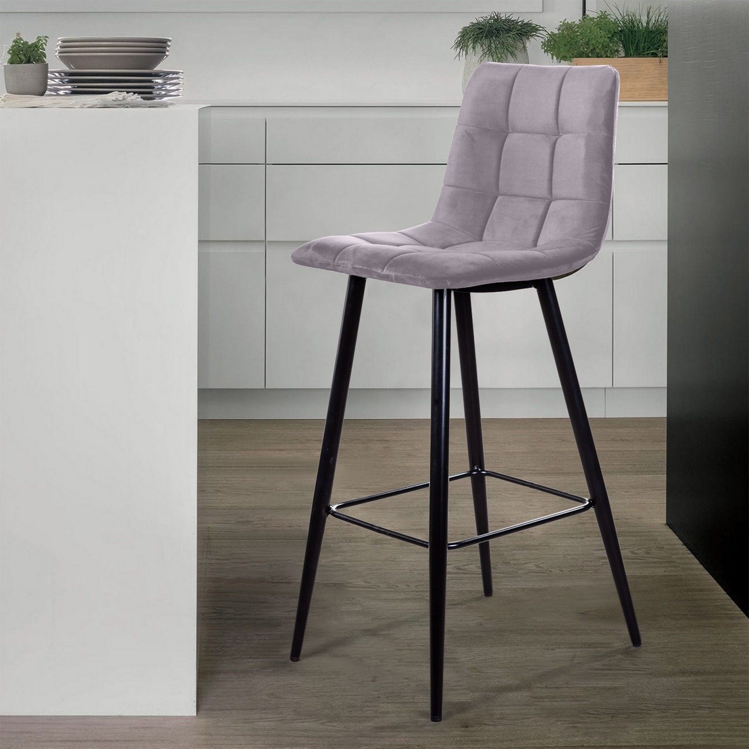 Стул барный Уно, бархат светло-серый 26 / чёрный конус