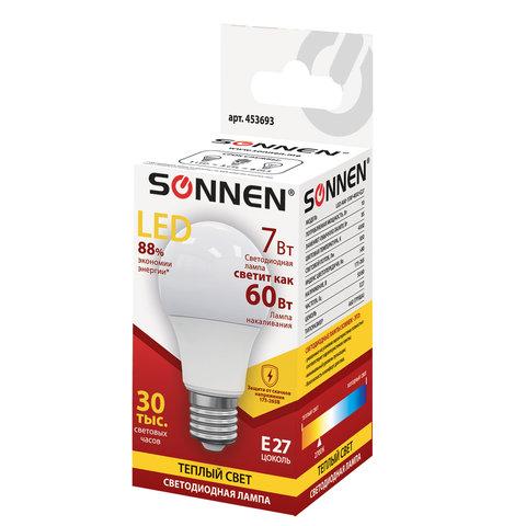 Лампа светодиодная SONNEN, 7 (60) Вт, цоколь E27, груша, теплый белый свет, 30000 ч, LED A55-7W-2700-E27, 453693