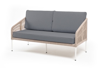 "Канны" диван 2-местный плетеный из роупа, каркас алюминий светло-серый (RAL7035) шагрень, роуп бежевый круглый, ткань серая 017, пос.H45цвет Бежевый