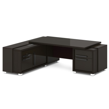 Стол руководителя с тумбой и греденцией (с блоком розеток), глянцевая столешница L-28 пр/л Graceцвет Дуб Линдберг Темный и Мокачино