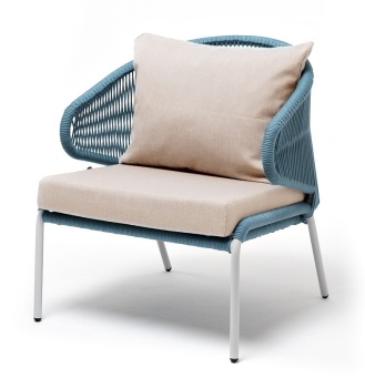 "Милан" кресло плетеное из роупа, каркас алюминий светло-серый (RAL7035) шагрень, роуп бирюзовый круглый, ткань бежевая 035цвет бирюзовый