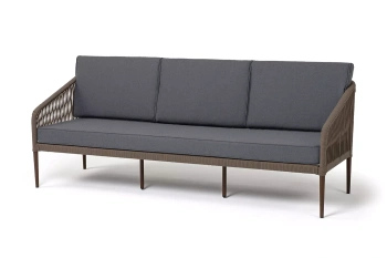 "Канны" диван 3-местный плетеный из роупа, каркас алюминий коричневый (RAL8016) муар, роуп коричневый круглый, ткань темно-серая 027цвет коричневый