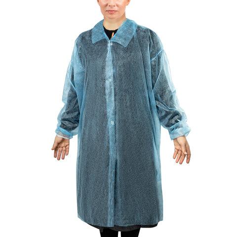 Халат одноразовый голубой на липучке КОМПЛЕКТ 10 шт, XXL, 110 см, резинка, 20 г/м2 СН