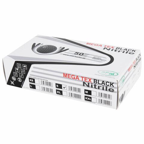 Перчатки нитриловые сверхпрочные с текстурой SFM MEGA TEX BLACK, Германия, 25 пар (50 штук), размер 6-7, S (малый)