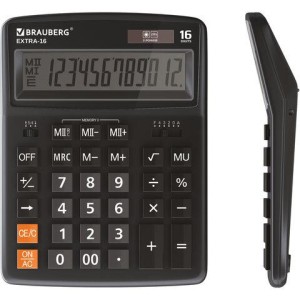 Калькулятор настольный BRAUBERG EXTRA-16-BK (206x155 мм), 16 разрядов, двойное питание, ЧЕРНЫЙ, 250475