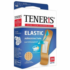 Набор пластырей 20 шт. TENERIS ELASTIC, эластичный, на тканевой основе, бактерицидный с ионами серебра, коробка с европодвесом, 0208-029