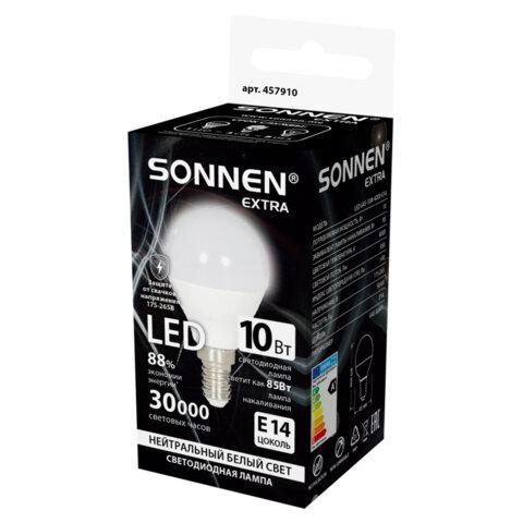 Лампа светодиодная SONNEN EXTRA,10 (85) Вт, E14, шар, нейтральный белый, 30000 ч, LED G45-10W-4000-Е14, 457910
