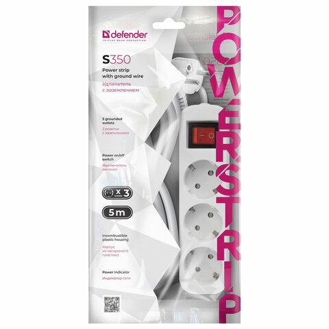 Удлинитель сетевой DEFENDER S350, 3 розетки, c заземлением, выключатель, 10А, длина 5 м, белый, 99235