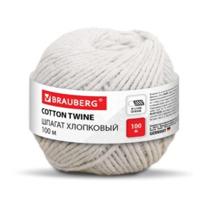 Шпагат хлопковый для прошивки документов, вязания, макраме, длина 100 м, диаметр 1,5 мм, BRAUBERG, 700361