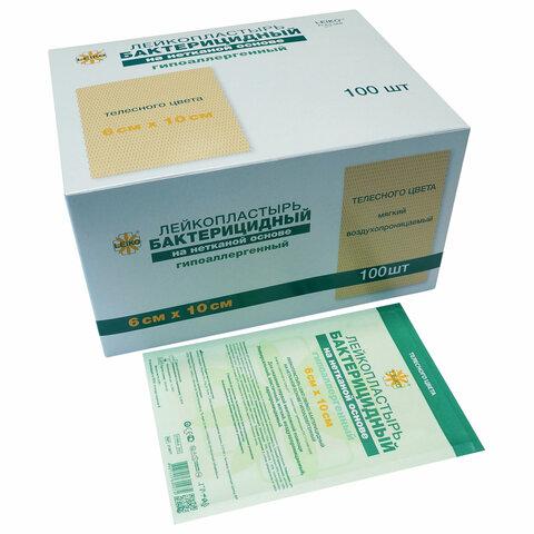 Лейкопластырь бактерицидный LEIKO комплект 100 шт., 6х10 см, на нетканой основе, телесного цвета, 213877
