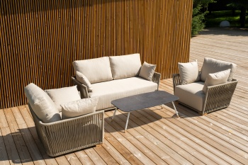 "Форли" лаунж-зона 4-местная плетеная из роупа (веревки), каркас алюминиевый светло-серый, роуп серо-коричневыйцвет серо-коричневый