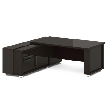 Стол руководителя с тумбой и греденцией (с блоком розеток), глянцевая столешница L-26 пр/л Graceцвет Дуб Линдберг Темный и Мокачино