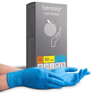 Перчатки нитриловые смотровые 50 пар (100 шт.), размер M, голубые BENOVY Nitrile Chlorinated, ЧЗ, К