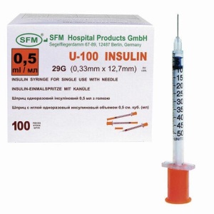 Шприц инсулиновый SFM, 0,5 мл, КОМПЛЕКТ 10 шт., пакет, U-100 игла несъемная 0,33х12,7 мм - 29G, 534252