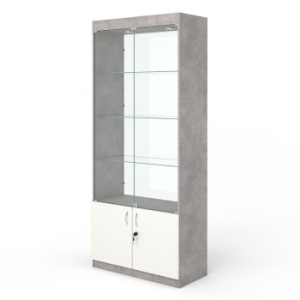 Витрина №1-2 (с дверками, задняя стенка - стекло), Бетон Чикаго светло-серый + Белый