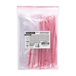 Пакеты ZIP LOCK "зиплок" ПРОЧНЫЕ, комплект 100 шт., 12х17 cм, ПВД, 60 мкм., BRAUBERG EXTRA, 608171