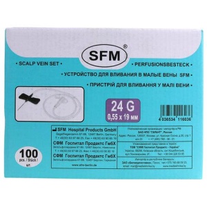 Иглы-бабочки для вливания в малые вены SFM 0,55 х 19 - 24G, КОМПЛЕКТ 100 шт., LUER, ш/к 16036