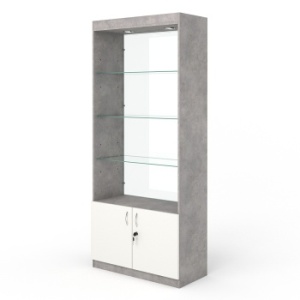 Витрина №1-2 (без дверок, задняя стенка - стекло), Бетон Чикаго светло-серый + Белый