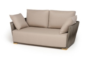 "Форли" диван 2-местный плетеный из роупа, каркас алюминий светло-серый (RAL7035) муар, роуп серо-коричневый 23мм, ткань Mossle бежеваяцвет серо-коричневый