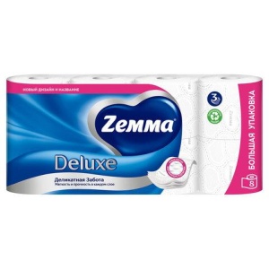 Бумага туалетная 3-слойная 8 рулонов (8х18 м), белая, ZEMMA/ZEWA Deluxe, 53661