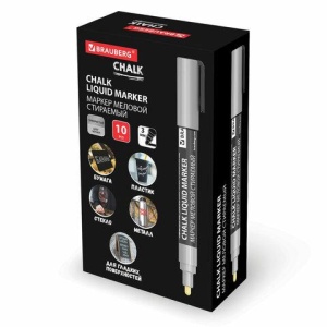 Маркер меловой CHALK LIQUID MARKER, СЕРЕБРИСТЫЙ, 3 мм, стираемый, BRAUBERG "CHALK", 152593