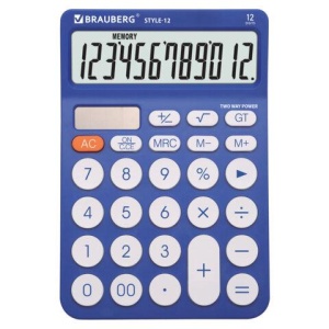Калькулятор настольный BRAUBERG STYLE-12-BL (157х106мм), 12 разрядов, двойное питание, СИНИЙ, 272966