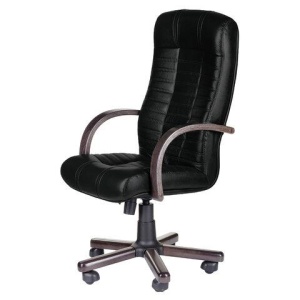 Кресло офисное "Атлант-экстра", кожа, дерево (орех D-08), монолитный каркас, черное К-01