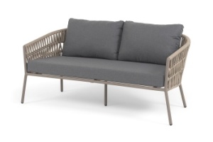 "Комо" диван 2-местный плетеный из роупа, каркас алюминий бежево-серый (RAL7006) муар, роуп серо-коричневый 23мм, ткань темно-серая 027цвет серо-коричневый