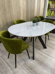 Стол БОНЖУР 100 БЕЛЫЙ МРАМОР, стекло, черная шагрень / ЧЕРНЫЙ каркас