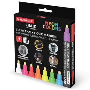 Маркеры меловые CHALK LIQUID MARKER, НЕОН, НАБОР 8 ЦВЕТОВ, 3 мм, стираемые, BRAUBERG "CHALK", 152597