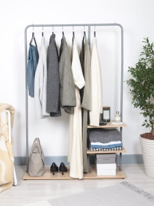 Вешалка напольная Отрада с тремя  полками для одежды и обуви из ЛДСП, 1000х330х1500Н, серая/дуб