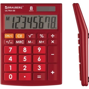 Калькулятор настольный BRAUBERG ULTRA-08-WR, КОМПАКТНЫЙ (154x115 мм), 8 разрядов, двойное питание, БОРДОВЫЙ, 250510