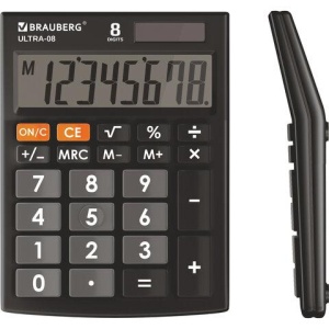 Калькулятор настольный BRAUBERG ULTRA-08-BK, КОМПАКТНЫЙ (154x115 мм), 8 разрядов, двойное питание, ЧЕРНЫЙ, 250507