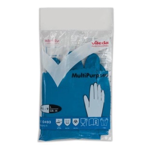 Перчатки МНОГОРАЗОВЫЕ резиновые VILEDA многоцелевые, хлопчатобумажное напыление, ПРОЧНЫЕ, размер 8,5-9, L (большой), синие, вес 66 г, 174355